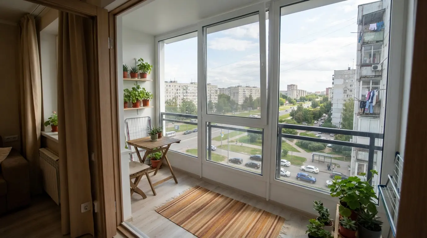Остеклённый балкон в многоквартирном доме, тёплое остекление